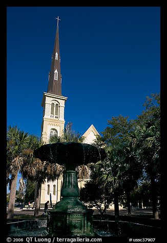 Fountain on Marion Square and church. Charleston, South Carolina, USA