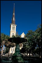 Fountain on Marion Square and church. Charleston, South Carolina, USA (color)