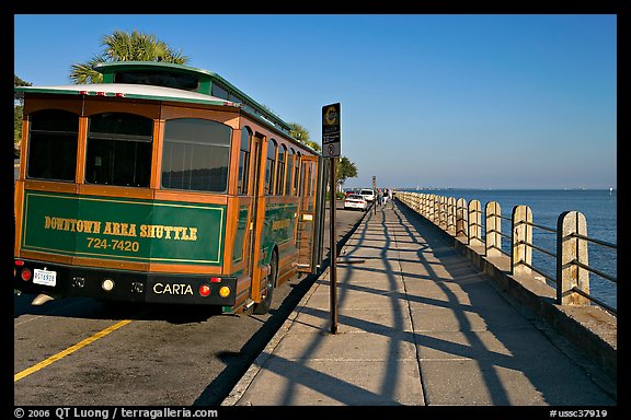 Waterfront promenade with shuttle bus. Charleston, South Carolina, USA