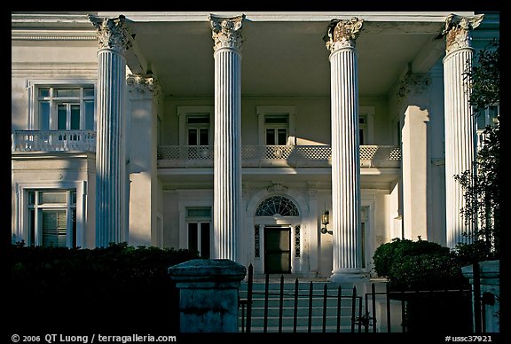 Greek revival facade with weathered  pilars. Charleston, South Carolina, USA (color)