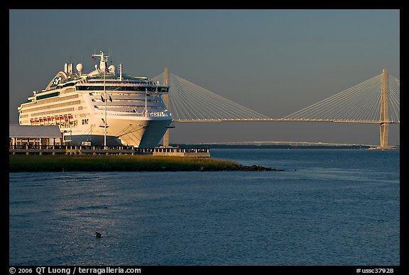 Cruise ship and suspension bridge of Cooper River. Charleston, South Carolina, USA