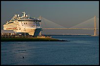 Cruise ship and suspension bridge of Cooper River. Charleston, South Carolina, USA