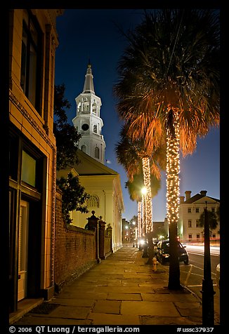 St Michael Episcopal Church, sidewalk, and palm trees at night. Charleston, South Carolina, USA (color)