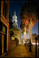 St Michael Episcopal Church, sidewalk, and palm trees at night. Charleston, South Carolina, USA ( color)