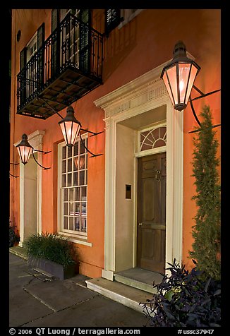 House facade with gas lamps. Charleston, South Carolina, USA