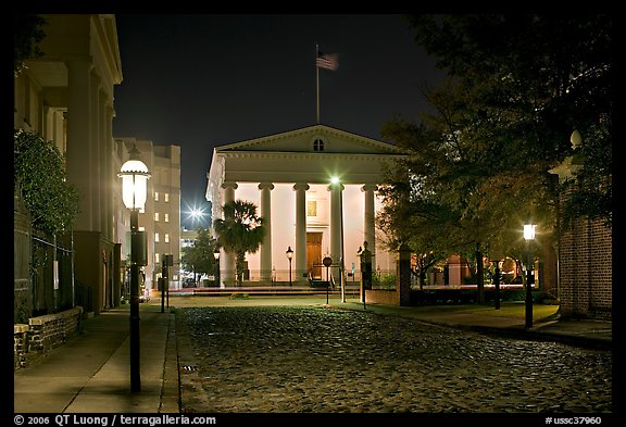 Street with cobblestone pavement at night. Charleston, South Carolina, USA (color)