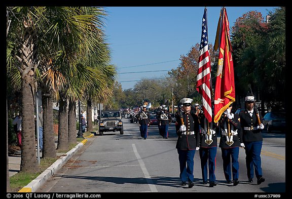 Marines carrying flag during parade. Beaufort, South Carolina, USA (color)