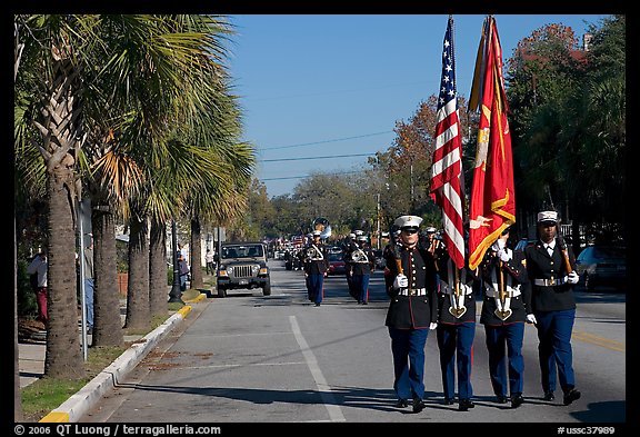 Marines carrying flag during parade. Beaufort, South Carolina, USA