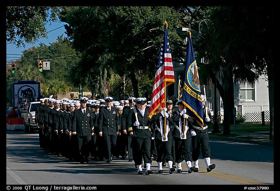 US Navy marching during parade. Beaufort, South Carolina, USA