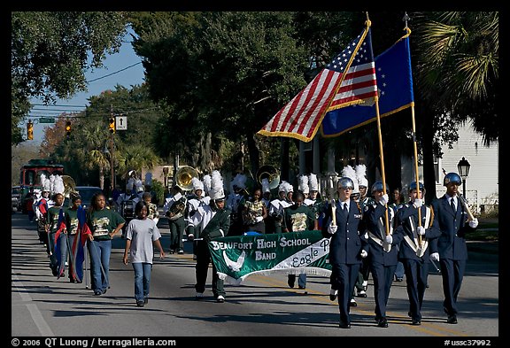 Beaufort high school band during parade. Beaufort, South Carolina, USA (color)