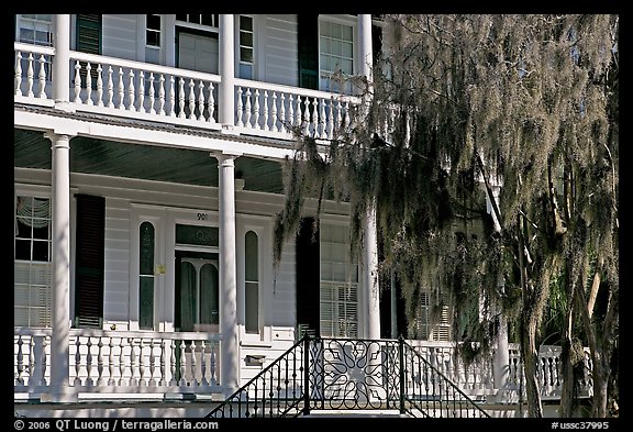 Facade with balconies, columns, and spanish moss. Beaufort, South Carolina, USA