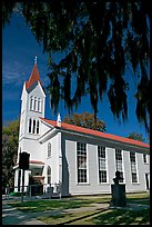 Tabernacle Baptist Church with hanging spanish moss and Robert Smalls memorial. Beaufort, South Carolina, USA (color)