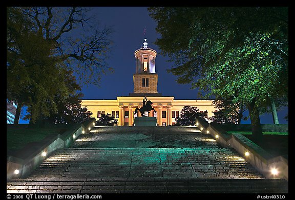 Stairs leading up to Tennessee Capitol by night. Nashville, Tennessee, USA (color)