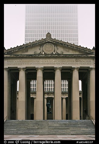 War memorial and high rise tower in fog. Nashville, Tennessee, USA (color)