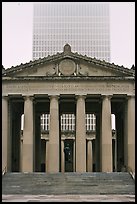 War memorial and high rise tower in fog. Nashville, Tennessee, USA