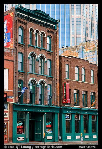 Old brick buildings and modern high rise buildings, Broadway. Nashville, Tennessee, USA (color)