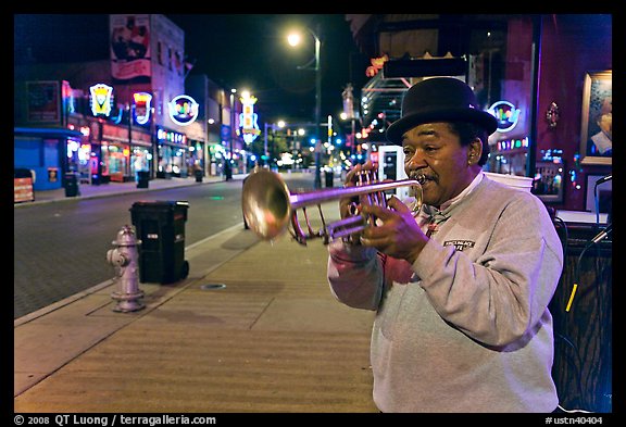 Jazz Street Musician on Beale Street by night. Memphis, Tennessee, USA (color)