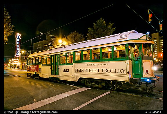 Main Street Trolley by night. Memphis, Tennessee, USA