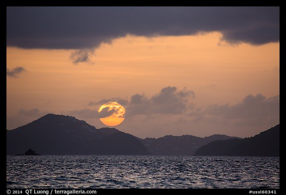 Sun setting over St Thomas island. Saint John, US Virgin Islands