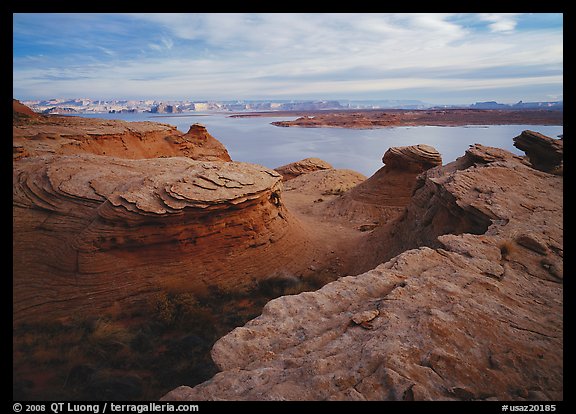 Sandstone swirls and Lake Powell, Glen Canyon National Recreation Area, Arizona. USA (color)