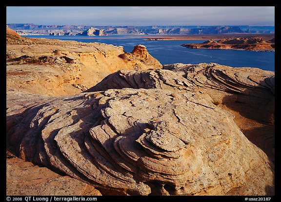 Sandstone Swirls and Lake Powell, Glen Canyon National Recreation Area, Arizona. USA