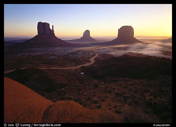 Mittens, sunrise. Monument Valley Tribal Park, Navajo Nation, Arizona and Utah, USA