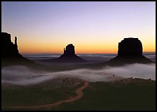 Mittens and fog, sunrise. Monument Valley Tribal Park, Navajo Nation, Arizona and Utah, USA (color)