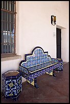 Ceramic bench in the courtyard, San Xavier del Bac Mission. Tucson, Arizona, USA