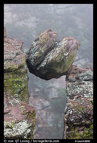 Spherical boulder stuck between pillars. Chiricahua National Monument, Arizona, USA