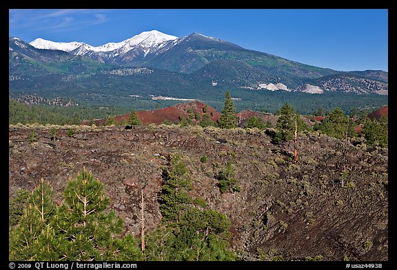 Lava fields and snow-capped San Francisco Peaks, Sunset Crater Volcano National Monument. Arizona, USA (color)