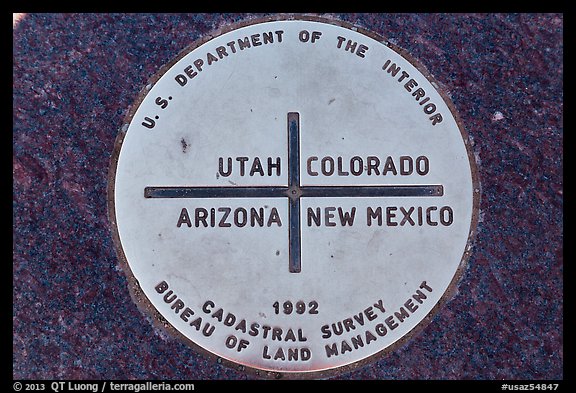 Marker at the exact Four Corners point. Four Corners Monument, Arizona, USA (color)