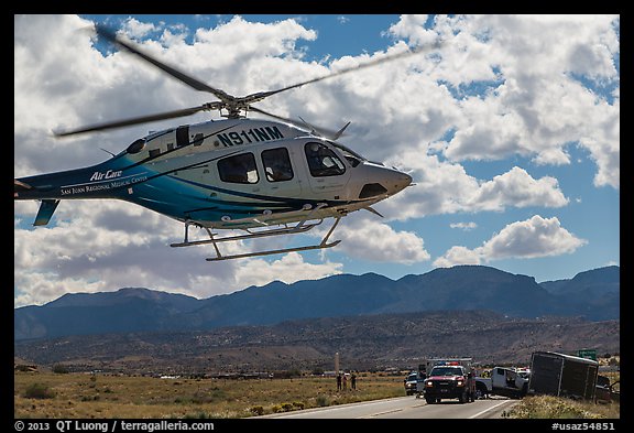 Helicopter at road accident site. Four Corners Monument, Arizona, USA