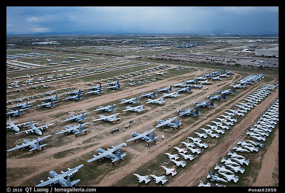 Aerial view of retired military aircraft. Tucson, Arizona, USA (color)