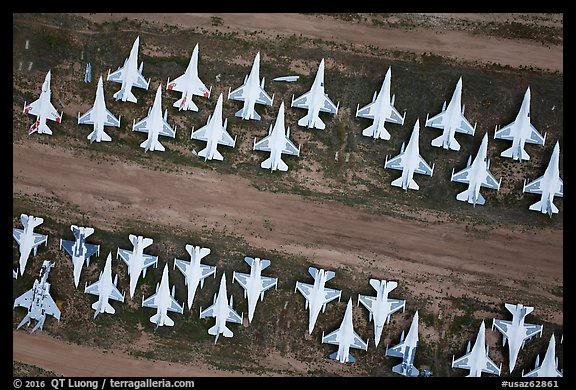Aerial view of rows of fighter jets. Tucson, Arizona, USA (color)