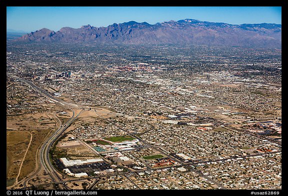 Aerial view of Tucson and mountains. Tucson, Arizona, USA (color)