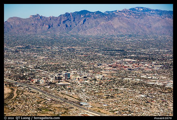 Aerial view of downtown Tucson and mountains. Tucson, Arizona, USA (color)