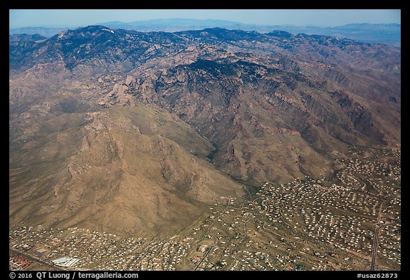 Aerial view of Tucson outskirts and Rincon Mountains. Tucson, Arizona, USA (color)