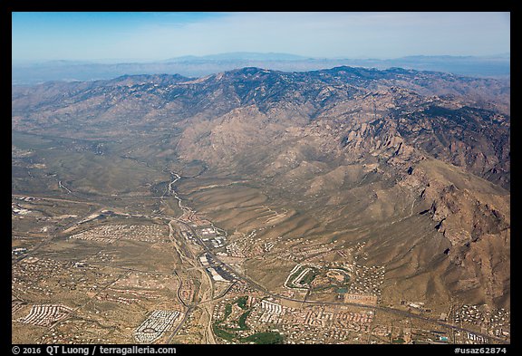 Aerial view of Tucson edges and Rincon Mountains. Tucson, Arizona, USA (color)