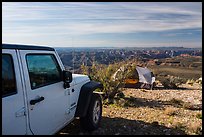 Jeep and tent on Canyon Rim, Twin Point. Grand Canyon-Parashant National Monument, Arizona, USA ( color)