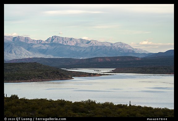 Theodore Roosevelt Lake and Mt Ord at dawn. Tonto Naftional Monument, Arizona, USA (color)