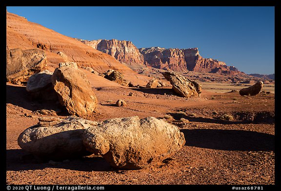 Boulders and Vermillion Cliffs. Vermilion Cliffs National Monument, Arizona, USA (color)