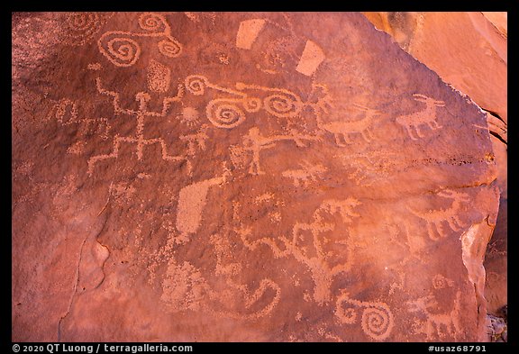 Archaic and Ancestral Puebloan petroglyphs. Vermilion Cliffs National Monument, Arizona, USA (color)