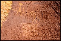Petroglyph depicting person wearing earrings with ladder-like insect and maze. Vermilion Cliffs National Monument, Arizona, USA ( color)