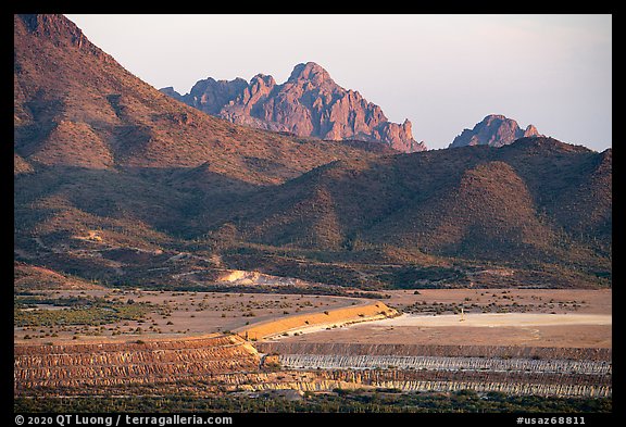Silver Bell tailings pond, Ragged Top, and Wolcott Peak. Ironwood Forest National Monument, Arizona, USA (color)