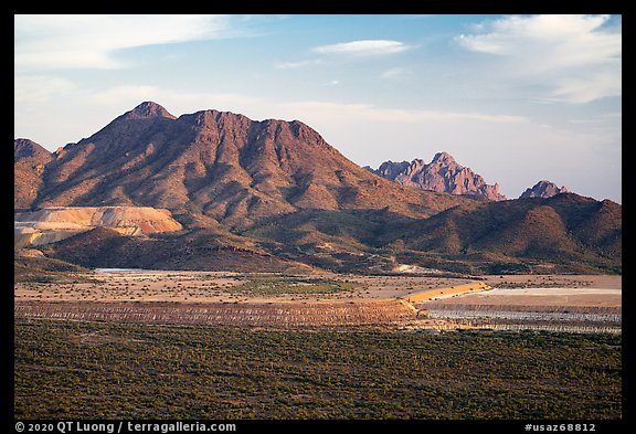 Silver Bell Mine, Silver Bell Peak and Ragged Top. Ironwood Forest National Monument, Arizona, USA (color)