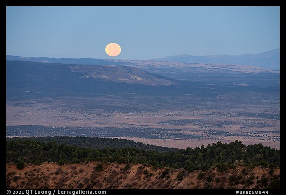 Full moon setting over Kinney Flat. Grand Canyon-Parashant National Monument, Arizona, USA (color)