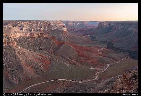 Kanab Creek Canyon at dusk from Gunsight Point. Baaj Nwaavjo Itah Kukveni – Ancestral Footprints of the Grand Canyon National Monument, Arizona, USA (color)