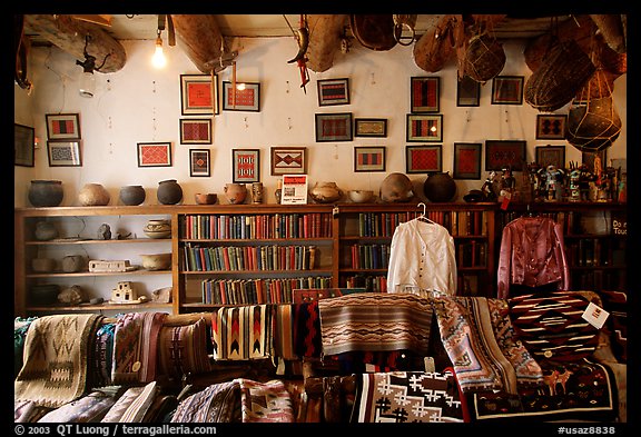 Navajo rugs and designs in the Hubbel rug room. Hubbell Trading Post National Historical Site, Arizona, USA (color)