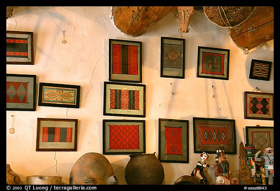 Framed paintings of Navajo rug designs commissioned by Hubbell. Hubbell Trading Post National Historical Site, Arizona, USA