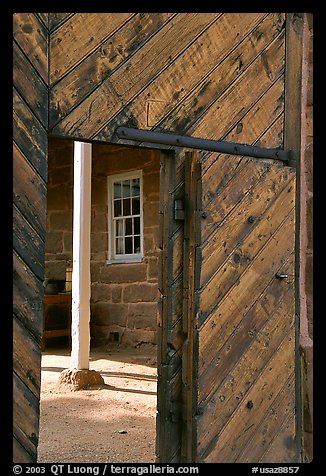 Wooden door of Winsor Castle. Pipe Spring National Monument, Arizona, USA